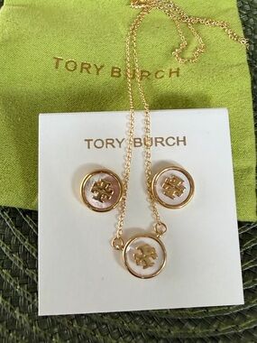 Tory Burch Mother of Pearl Kira Logo necklace and Earring Set NWT